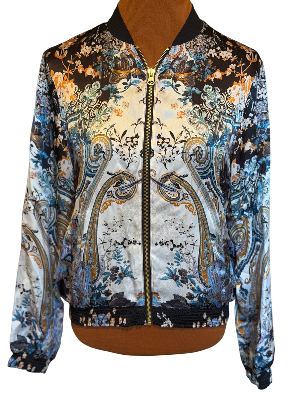 ROBERT GRAHAM Baroque Blue and Gold Paisley Floral Bomber Jacket Size M